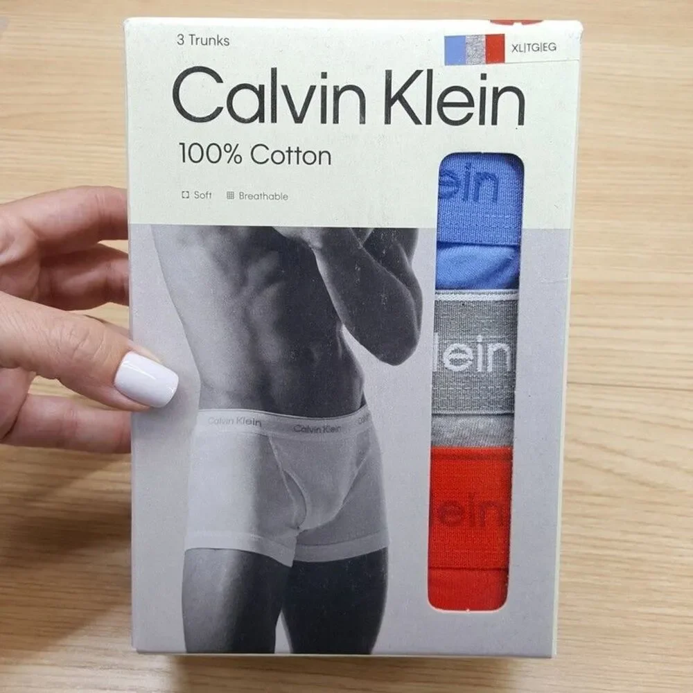 CALVIN KLEIN Boxer Briefs Mens XL Red Blue Grey 3-Pack 100% Cotton Trunks